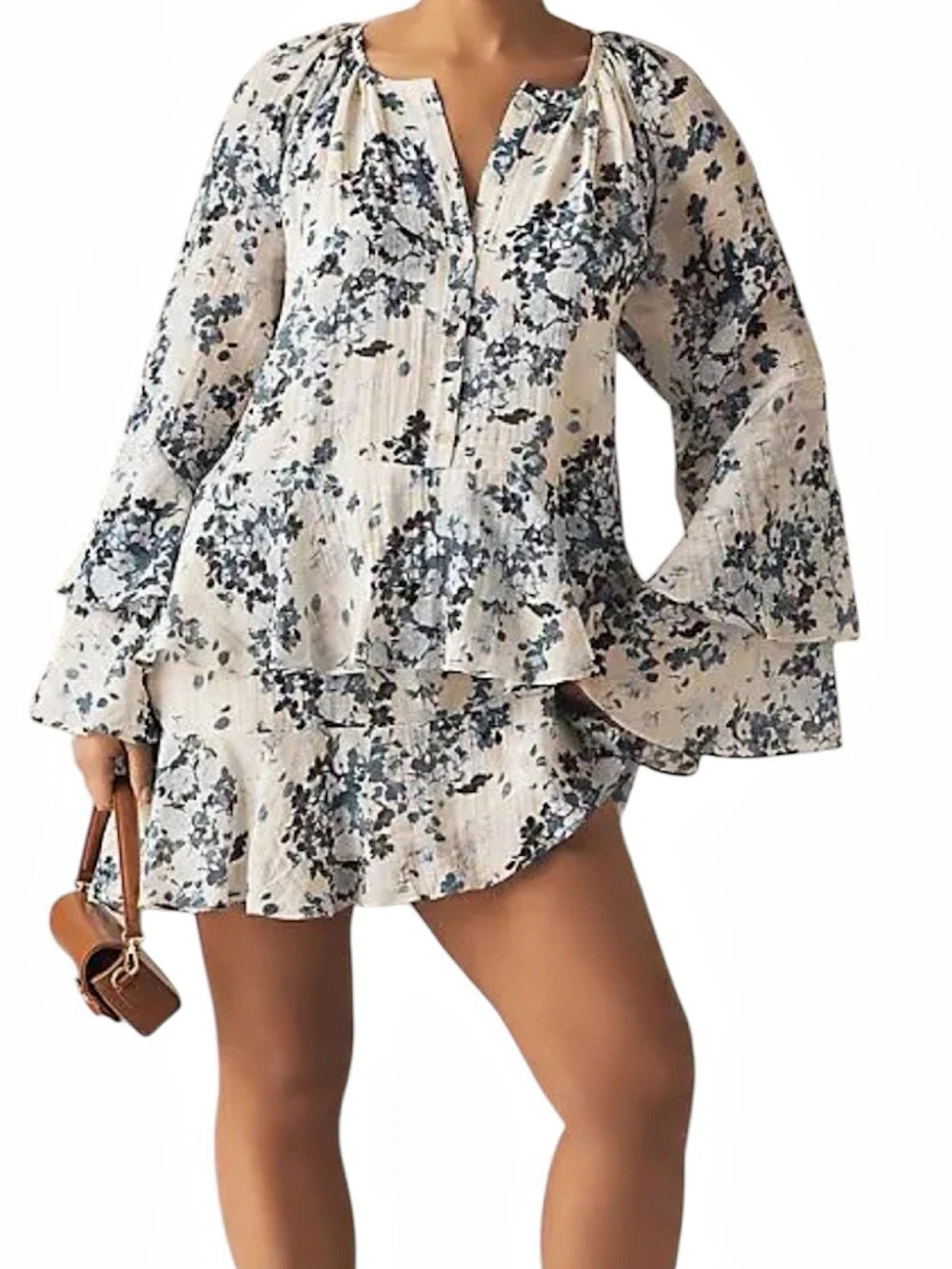 Maeve Anthropologie Blue Floral Tiered Mini Dress Bell Sleeves - Medium